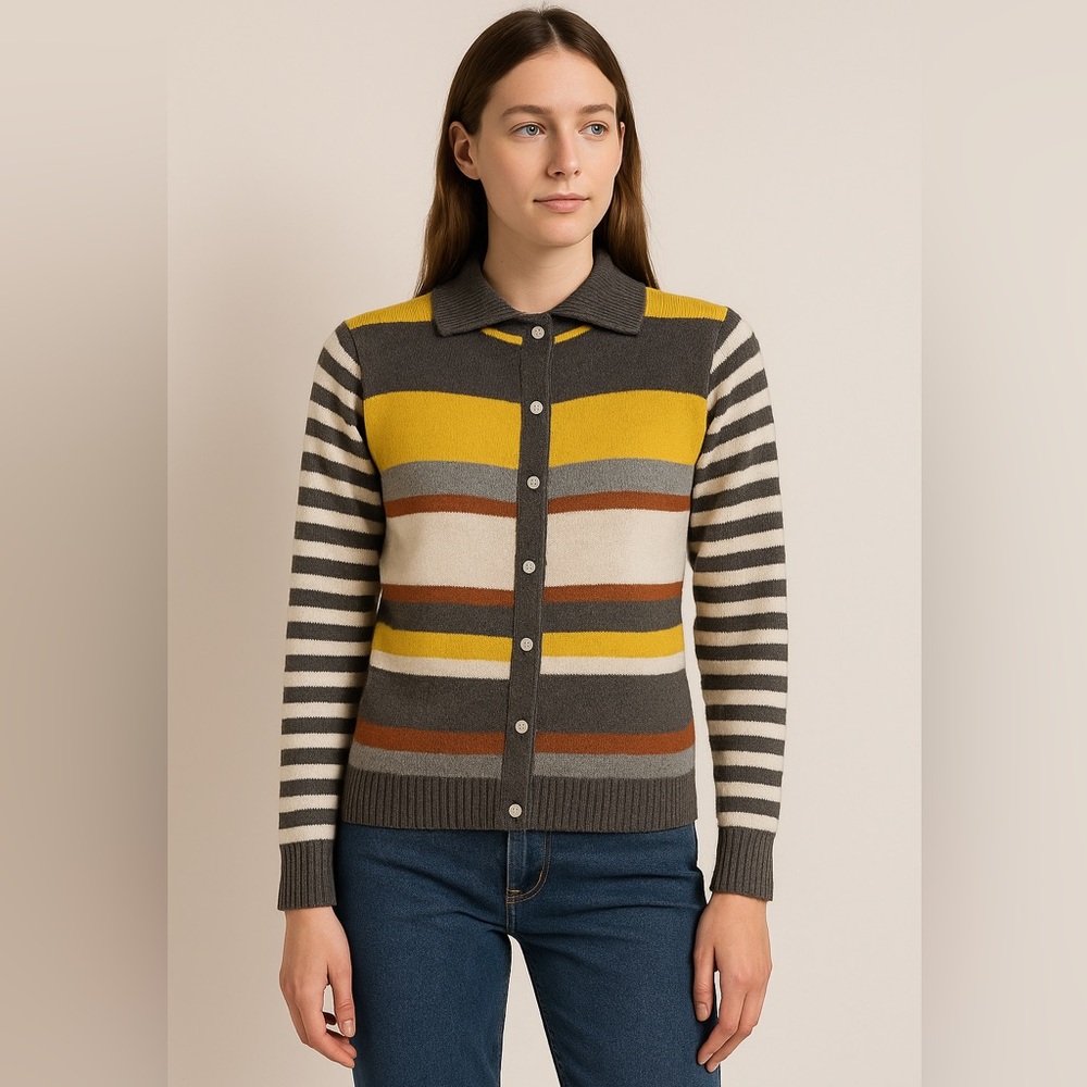 Striped Button-Front Polo Cardigan in Yellow and Gray